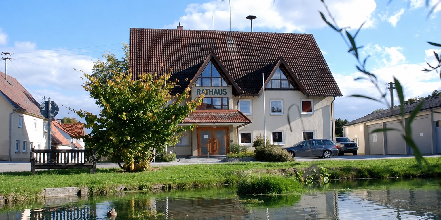 Luftaufnahme der Gemeinde Lonsee im Alb-Donau-Kreis: Dächer des Ortskerns, umgeben von Feldern und Wiesen